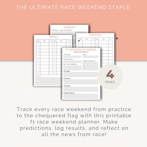 May include: Printable F1 Weekend Planner with a peach background. The planner includes pages for Quali, Debrief, and The Race, with space for notes and predictions. The text reads "F1 WEEKEND PLANNER" and "PURCHASE HERE".
