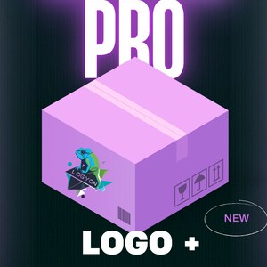 May include: A purple box with the text "LOGYON PRO" in white. The box features a lizard logo and the words "LOGO + BRAND KIT". A white circle says "NEW". The background is dark with a purple gradient.