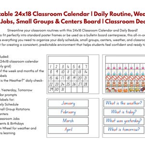 Calendrier de classe 24 x 18 imprimable | Routine quotidienne, carte météo, emplois, tableau des petits groupes et des centres | PDF sur la décoration de la salle de classe