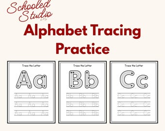 May include: Alphabet tracing practice sheets with the letters A, B, and C. Each sheet has a large letter to trace, with dotted lines and arrows to guide the user. The text "Schooled Studio" is at the top.