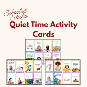 Könnte beinhalten: Ein Satz "Quiet Time Activity Cards" mit verschiedenen illustrierten Aktivitäten für Kinder. Die Karten haben farbenfrohe Ränder und enthalten Aufforderungen wie "Höre ein Hörbuch" und "Zeichne ein Bild". Der Titel "Schooled Studio" steht oben.