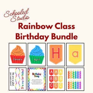 Kit de Aniversário para Sala de Aula Arco-Íris | Quadro de Avisos, Cartões Postais, Coroas, Marcadores de Página, Gráficos e Mais | Pacote de Aniversário para Imprimir para Professores