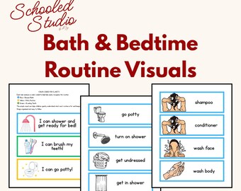 May include: Visual aids for bath and bedtime routines. The image features illustrated cards with text such as "go potty," "wash face," and "get in shower." The title "Bath & Bedtime Routine Visuals" is displayed in large, bold letters.