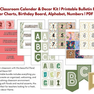 Calendrier de classe floral et kit de décoration | Tableau d'affichage imprimable, cartes météo, tableau d'anniversaire, alphabet, chiffres | Lot PDF