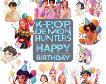 Birthday Party! K-pop Demon Hunters Inspired Digital Stickers - 40 pieces, Instant Download PNG Bundle Pack: Huntr/x, Rumi, Saja Boys, Jinu