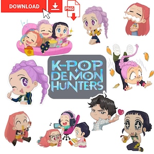 KPDH Chibi Edition! K-pop Demon Hunters Inspired Digital Stickers - 50 pieces, Instant Download PNG Huntr/x, Rumi, Tiger Derpy, Bird Sussie