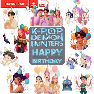 Birthday Party! K-pop Demon Hunters Inspired Digital Stickers - 50 pieces, Instant Download PNG Bundle Pack: Huntr/x, Rumi, Saja Boys, Jinu