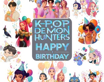 K-Pop Demon Hunters Birthday Stickers - 60 PNG Bundle (Digital Download)