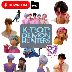 K-pop Demon Hunters Inspired Digital Stickers Pack - 45 pieces, Instant Download PNG Bundle Pack (Saja Boys, Jinu, Mystery, Derpy, Sussie)
