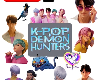 May include: A digital illustration featuring several cartoon characters and the text "K-POP DEMON HUNTERS". The image includes a blue bird, a blue tiger-like creature, and several stylized human figures with various hair colors.