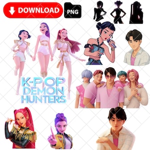 K-pop op demonenjagers geïnspireerd digitaal stickerspakket: 27 stuks, instant download png-bundelpakket (Huntr/x, Saja Boys, Jinwoo, Rumi, Tiger)