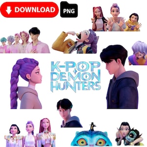 K-pop op demonenjagers geïnspireerd digitaal stickerspakket - 80 stuks, instant download PNG-bundelpakket: Rumi, Jinu, Tiger Derpy, Bird Sussie, KPDH