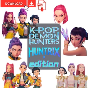 Huntrix-editie! K-pop op demonenjagers geïnspireerd digitaal stickerspakket: 46 stuks, instant download png-bundelpakket: Huntr/x, Rumi, Mira, Zoey
