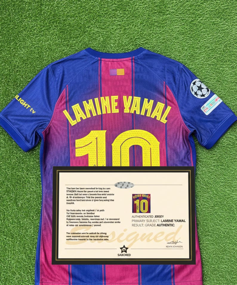 May include: A blue and maroon soccer jersey with the name "LAMINE YAMAL" and the number "10" in yellow. The jersey is displayed on a green surface, with a framed certificate below it. The certificate reads "AUTHENTICATED JERSEY".