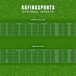 May include: A green chart with white text detailing football jersey sizes. The chart includes children's and adult sizes, specifying top length, pant length, chest, height, and weight in centimeters and kilograms.