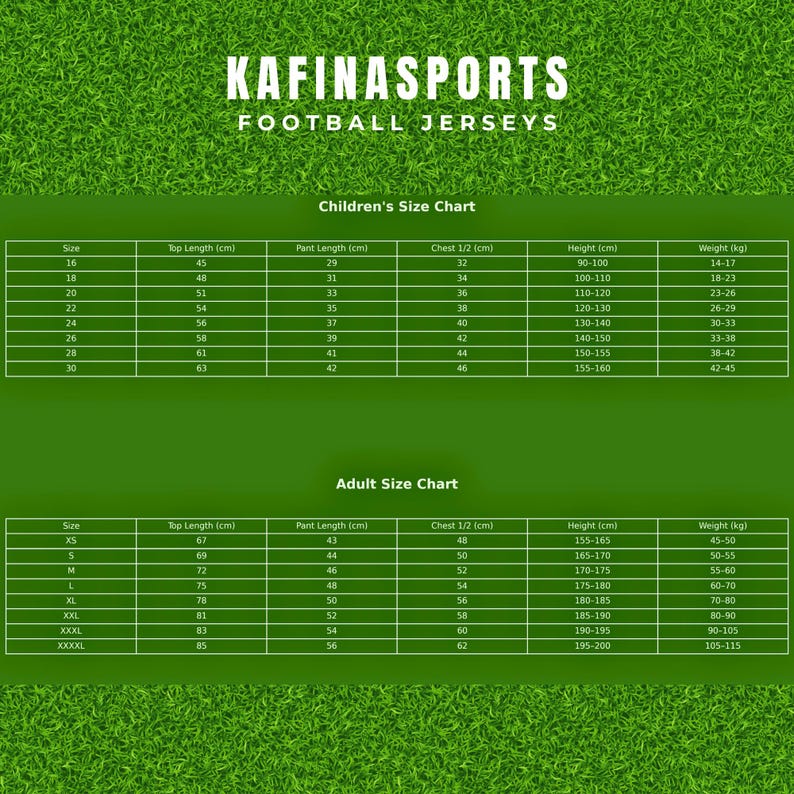 May include: A green chart with white text detailing football jersey sizes. The chart includes children's and adult sizes, specifying top length, pant length, chest, height, and weight in centimeters and kilograms.