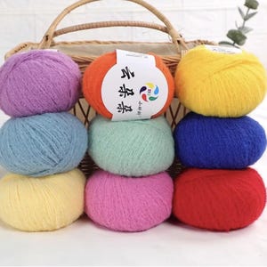 May include: A collection of colorful yarn balls in shades of purple, blue, yellow, orange, green, pink, and red. The yarn balls are stacked in front of a wicker basket. One ball has a white label with Chinese text.