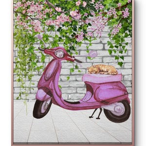 Vintage Pink Scooter VESPA Art with Sleeping Cat and Blossoming Flowers.fashion wall art.nursery wall art.fashion girl art.vespa lover gift