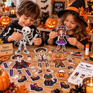 May include: A set of Halloween-themed paper dolls featuring a skeleton, a witch, a vampire, a zombie, and a pumpkin-headed character. The collection includes various interchangeable outfits, accessories like a broom, and a black cat figure.