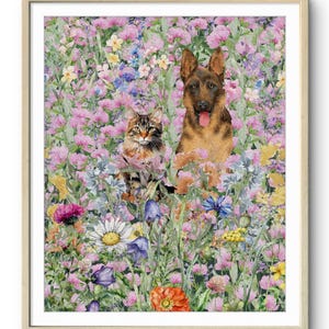 Whimsical Cat and Dog in a Flower Meadow art print,pet friendship art.cat and dog print.cat dog friendship.dog and cat lover.digital pet art