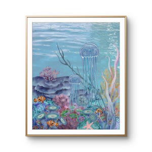 Jellyfish & Clownfish Coral Reef Art Print.sea life wall art.sea creature print.under the sea prints.marine life art.nautical art print.
