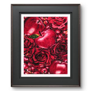 Stampa artistica da parete con rose rosse, stampa botanica vintage con peonie, elegante illustrazione floreale monocromatica, le rose sono mele rosse e anche le mele sono tag