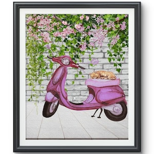 Pink Scooter with Sleeping Cat.fashion wall art.pink wall art.fashion girl art.scooter poster.pink vespa scooter poster.vintage scooter art