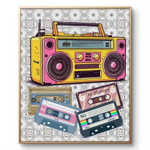 Retro Boombox & Colorful Cassette Tapes Print,80s/90s Vintage Music Art Print.nostalgic wall art.retro art print.vintage wall art.