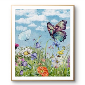 Colorful Wildflower & Butterfly Garden Wall Art Print,wildflower butterfly print,colorful girly wall art,dreamy garden art,nature lover gift
