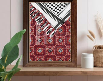 Palestinian Embroidery & Keffiyeh Digital Art,keffiyeh printable,tatreez wall decor,middle eastern scarf,Shemagh digital art,palestine decor