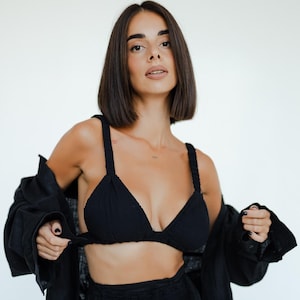 Black Linen Mini Top, Summer Festival Outfit, Boho Bustier Crop Top, Lightweight Linen Clothing for Her, Cropped Top for Vacation Outfit