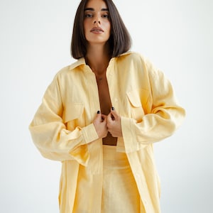 Pastel Linen Shirt, Oversized Fit Long Sleeves Linen Shirt, Off on Women Clothes, Minimalist Summer Outfit for Her, Natural Linen Shirt