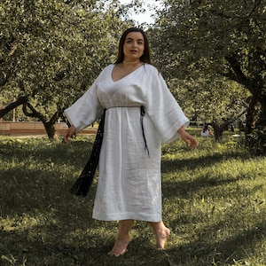 Linen Dress for Women with Long Sleeves, Loose Fit Summer Dress, Cottagecore White Linen Robe, Minimalist Natural Dress, Boho Linen Outfit