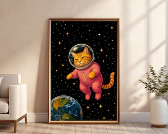 Astronaut Cat Poster, Space Galaxy Wall Art, Cat Lover Digital Download Print