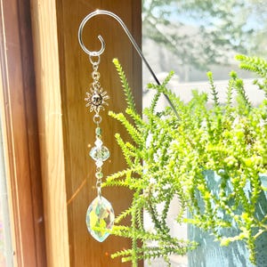 Elegant Suncatcher Plant Charm | Crystal Beaded Stake for Houseplants | 8&quot; Silver Plant Accent | Luxe Window Light Catcher Gift