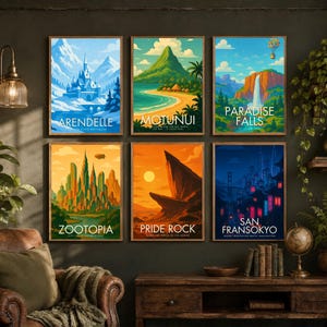 May include: A set of six rectangular wall art prints featuring stylized travel posters for Arendelle, Motunui, Paradise Falls, Zootopia, Pride Rock, and San Fransokyo. Each print displays a distinct landscape illustration with vibrant colors.