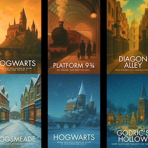 Puede incluir: Conjunto de seis impresiones artísticas de fantasía que representan escenas de un mundo mágico. Las impresiones incluyen imágenes de Hogwarts, la Plataforma 9 3/4, el Callejón Diagon, Hogsmeade y Godric's Hollow. Cada impresión tiene texto en la parte inferior.
