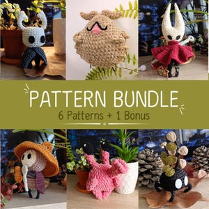 Puede incluir: Un gráfico digital con el texto PATTERN BUNDLE 6 Patterns + 1 Bonus, rodeado de seis figuras amigurumi de ganchillo distintas, incluyendo un personaje blanco con cuernos, una criatura redonda color canela y una figura blanca con vestido rojo.