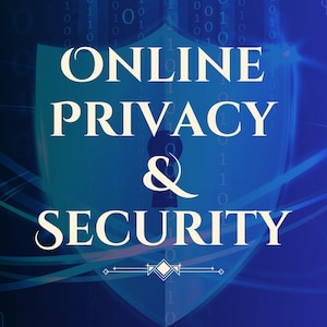 Può includere: Grafica digitale con sfondo blu e testo bianco. Il testo recita "PROTEGGI TE STESSO NEL MONDO DIGITALE" e "PRIVACY E SICUREZZA ONLINE". È presente anche una grafica a scudo e le parole "By PrivacyFuel".