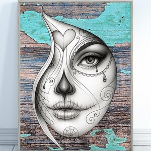 Dibujo de rostro de calavera – ilustración de medio rostro, rostro de calavera, retrato gótico en blanco y negro, arte mexicano, estilo vintage