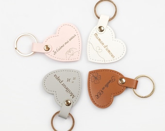 Personalized engraved heart keychain, faux leather keychain, family gift, for mom, dad, grandma, godmother, godfather, Mother's Day, Father's Day