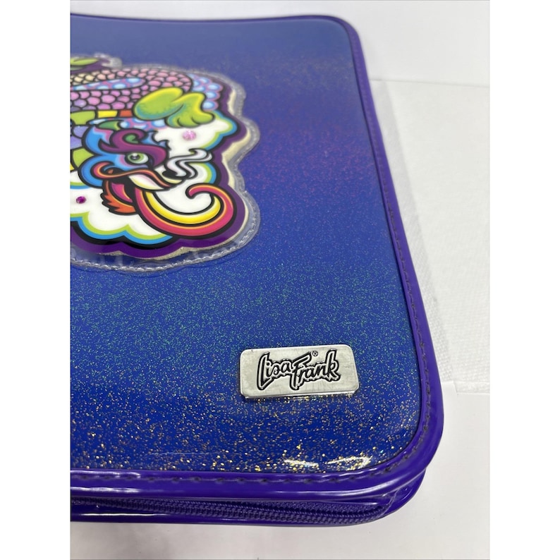 Carpeta organizadora Lisa Frank Dragon de VTG con cremallera y espejo retro moteado azul imagen 9