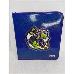 Carpeta organizadora Lisa Frank Dragon de VTG con cremallera y espejo retro moteado azul imagen 1