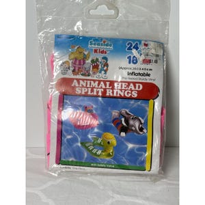 May include: A clear plastic package containing an inflatable animal head split ring. The label features the text Seaside Kids, Animal Head Split Rings, and dimensions of 24 by 18 inches. The packaging displays illustrations of colorful animal-themed pool floats.