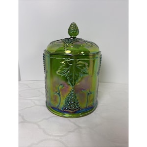 Vintage Indiana Glass Iridescent Green Carnival Glass Canister Grape Harvest