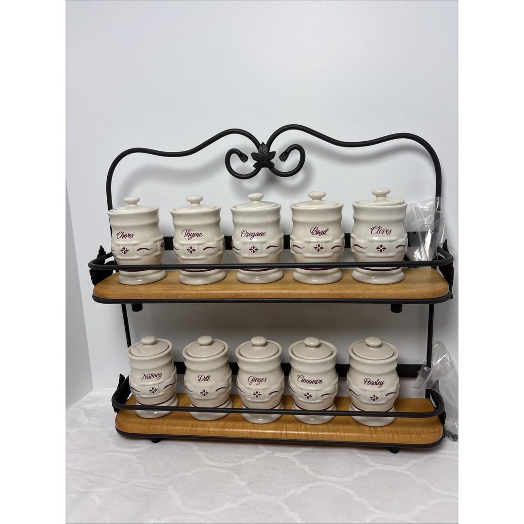 Longaberger Wrought Iron 2 Tier Spice Rack, Ivory and Red Jars, Wood ...