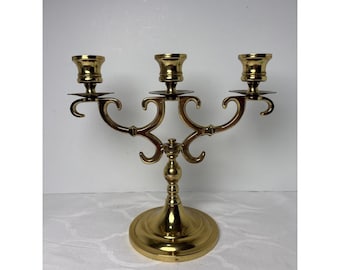 3-Candle Arm Candelabra Heavy Gold Tone Brass Marked M Retro Decor Piece  80s