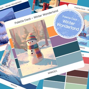 May include: A collection of winter-themed palette decks. The central deck features a snowman with a colorful scarf and hat in a snowy landscape. The decks are labeled "Palette Deck - Winter Wonderland" and include color swatches.