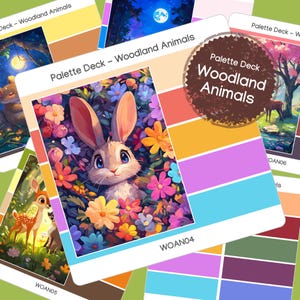 May include: A collection of color palette cards titled "Palette Deck - Woodland Animals." The cards feature illustrations of woodland creatures like a rabbit and deer, surrounded by colorful flowers and forest scenes. The cards have a variety of colors.