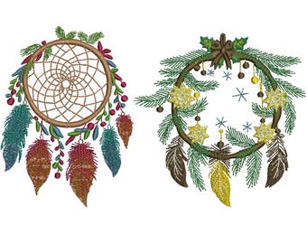 May include: Two embroidered designs: a dreamcatcher with feathers in teal, burgundy, and brown, and a Christmas wreath with star ornaments and feathers. The dreamcatcher has a brown hoop and intricate web design. The wreath features green pine needles and a brown bow.